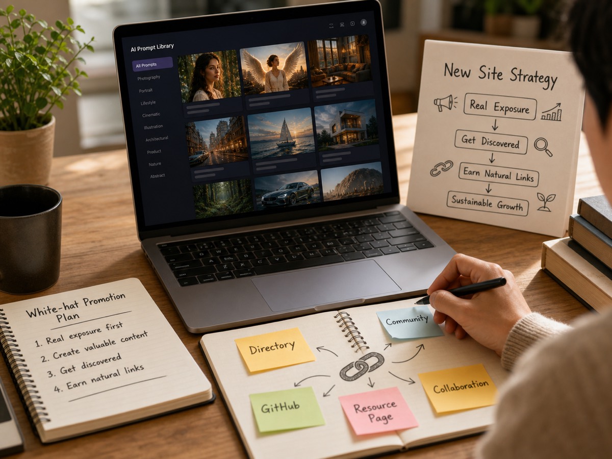 White Hat Prompt Promotion Workflow for New AI Photo Sites style direction